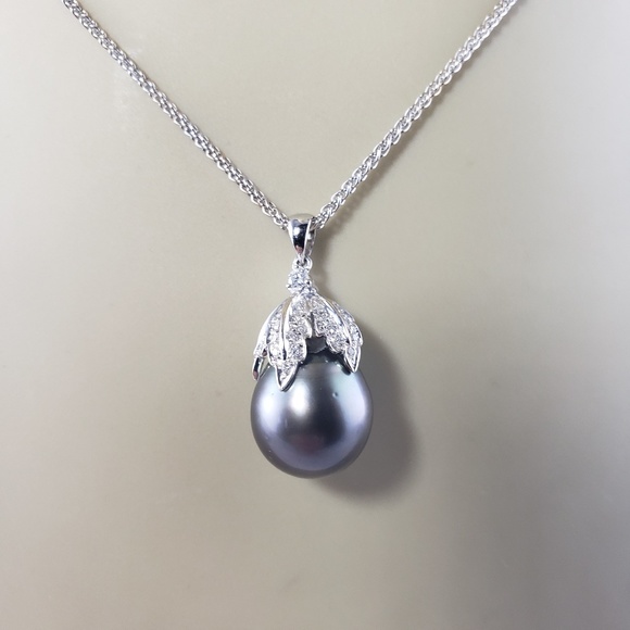 Vintage 18K White Gold Tahitian Pearl Diamond Pendant Necklace JAGi cert. #13701 - Picture 8 of 9